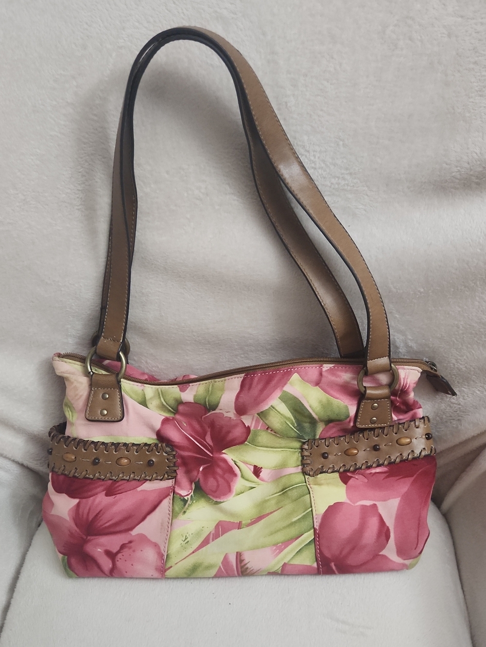Relic By Fossil Pink & Green Floral Shoulder Bag with Brown Trim